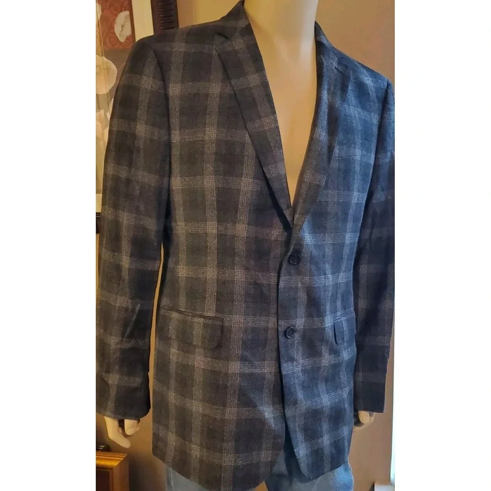 Banana Republic‎ Tessuto Marzotto Italian Wool Gray Plaid Blazer Jacket Size 44L